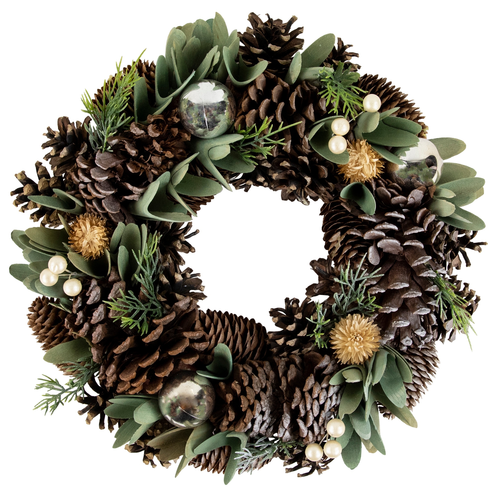 Silver and Green Mixed Foliage and Pinecone Christmas Wreath 13.5-Inch Unlit - 13.5"