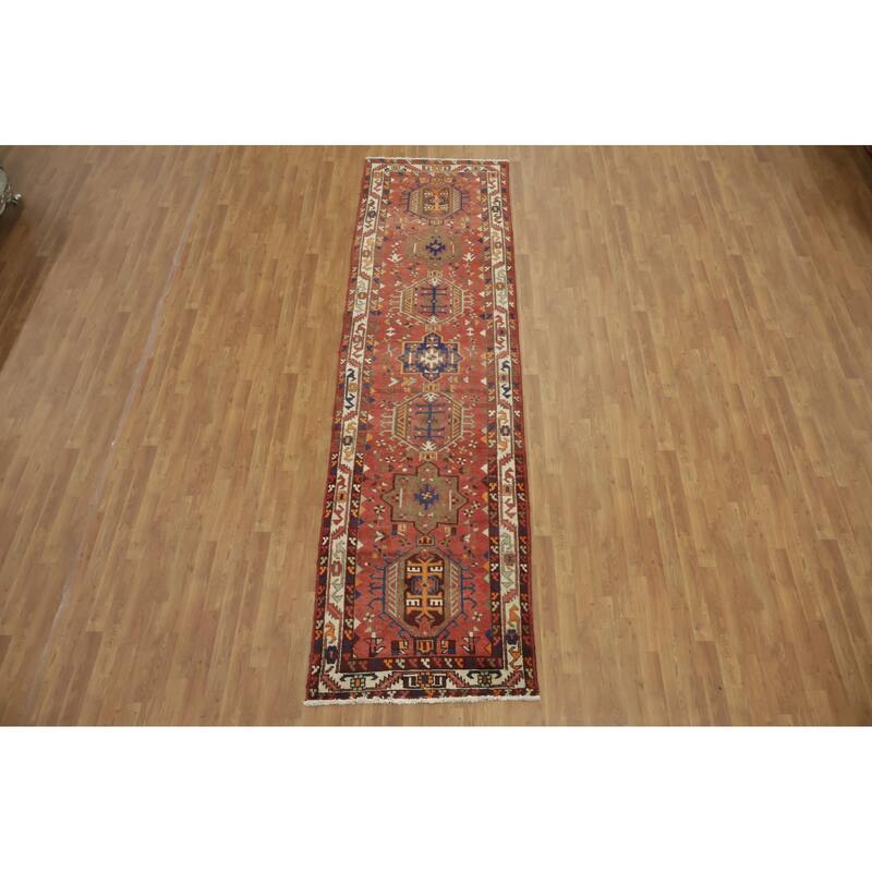 Hand Knotted Oriental 100% Wool Carpet Traditional Tribal Oranges & Rust Heriz Runner Rug - 12' 5'' X 3' 4''