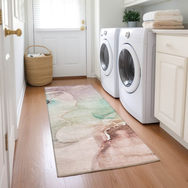 Machine Washable Indoor/ Outdoor Abstract Chantille Rug - Teal - 2'3" x 7'6"