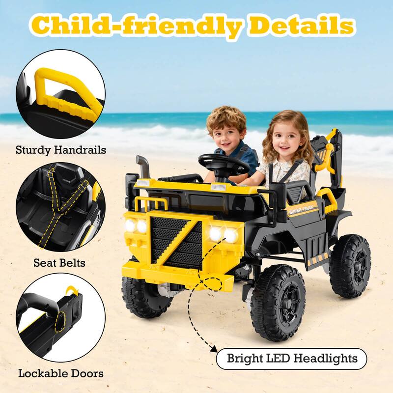 Costway 24V Ride On Excavator, 4WD Electric Truck Construction Vehicle - as pic shows - See Details