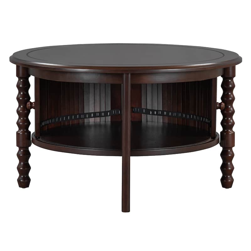 Vintage Round Coffee Table with Sliding Door Storage & Slatted Design