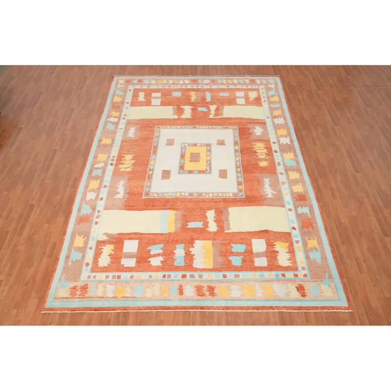 Hand Knotted Oriental 100% Wool Carpet Modern Geometric Oranges & Rust Gabbeh Area Rug - 14' 1'' X 9' 11''
