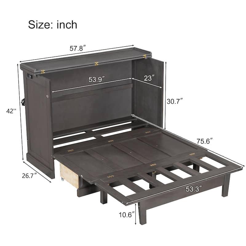 Farmhouse Murphy Bed Convertible Space-Saving Cube Chest Cabinet with Large Drawers and Charging Station, Foldable Platform Bed