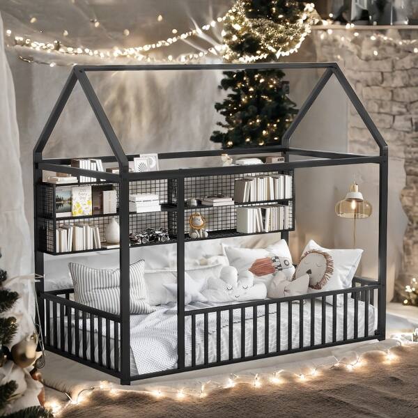 slide 2 of 12, Black Space-Saving Twin Size Kids Bed House Bed with Fence and Shelves Black