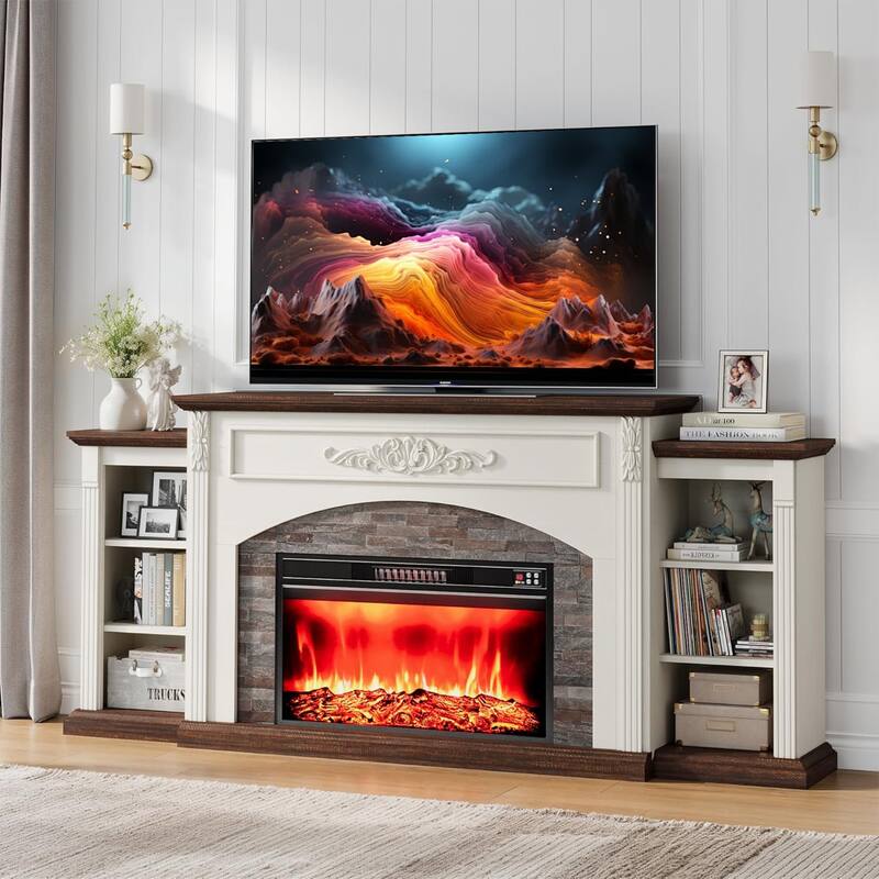 78 inch Electric Fireplace Mantel Fireplace TV Stand Entertainment Center with 30 inch Fireplace Insert Heater and Storage - White and Brown - 80 inch