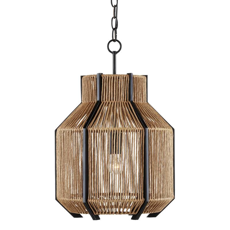 Currey & Company Mali Pendant - 20"h x 13.5"dia - 20"h x 13.5"dia - Satin Black/Natural