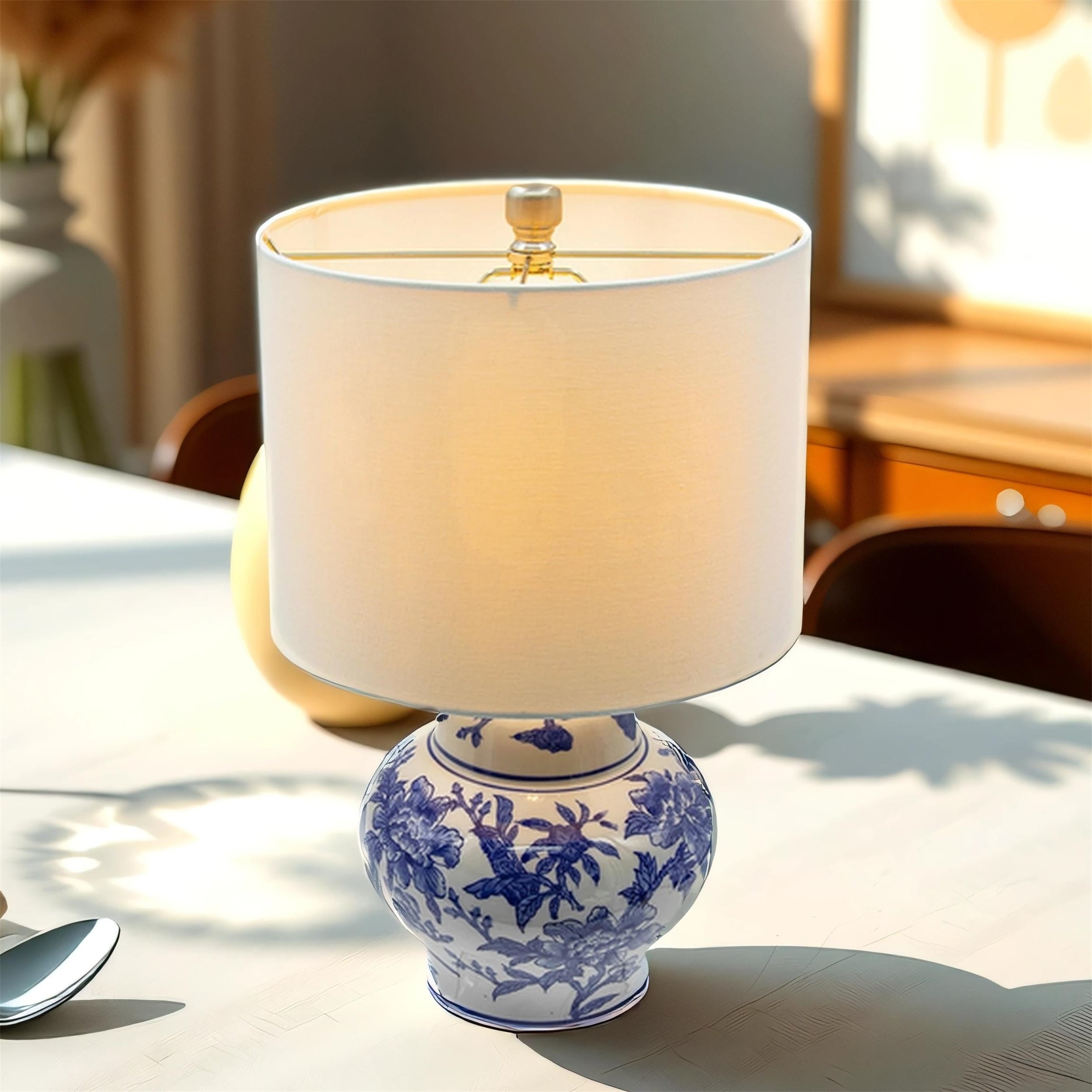 19.3 inch Ceramic Vase Lamp, White Linen Shade, Urn Silhouette Design