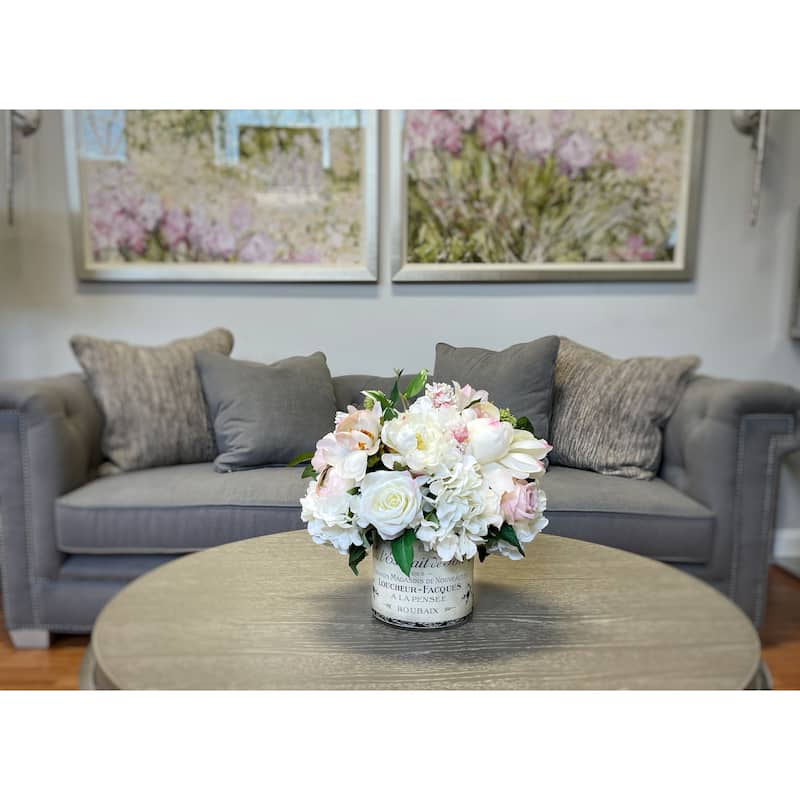 Rose and Hydrangea Arrangement in Label Vase - Pink, Cream, Green