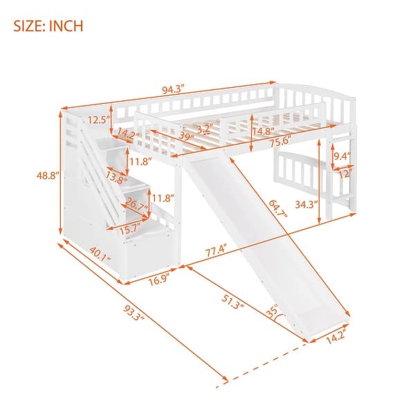 dimension image slide 1 of 2, Modern Twin Size Loft Bed With Two Storage Drawers With Convertible Ladder and Slide For Bedroom,Dorm,Kids