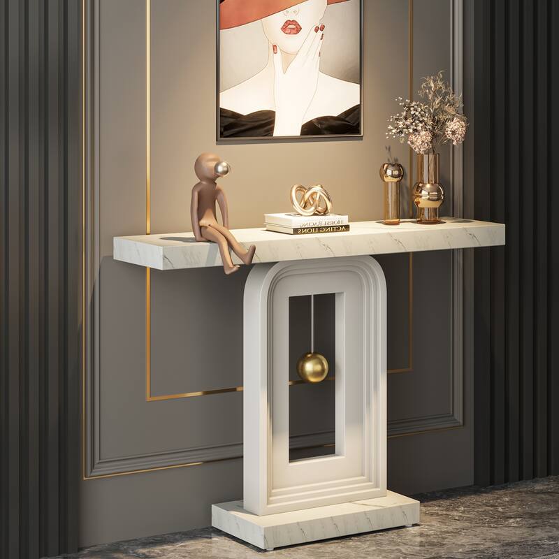 Modern Console Table with Geometric Base, 39.4 inch Narrow Sofa Table with Gold Decor for Living Room Entryway Hallway Entrance