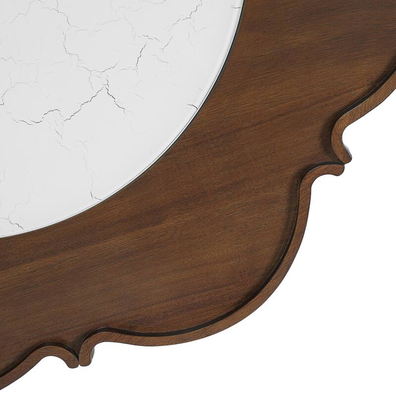 Mid-Century Style Coffee Table with Petal Shape and White Crackle Pattern Glass, 2-Tiered Coffee Table with Rattan,Walnut, 31.5"
