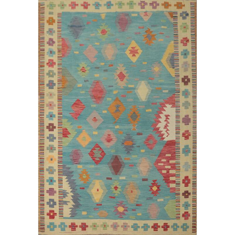 Hand Woven Oriental 100% Wool Carpet Southwestern Tribal Navy Blue & Blues Kilim Area Rug - 9' 10'' X 8' 1''