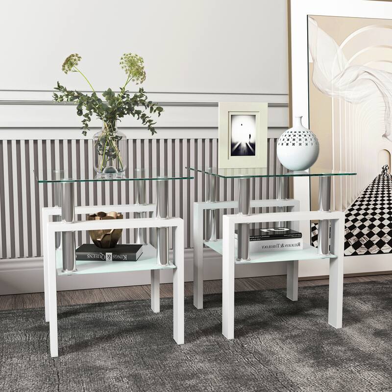Set of 2, Modern Tempered Glass Tea Table Coffee Table End Table, Square Table for Living Room