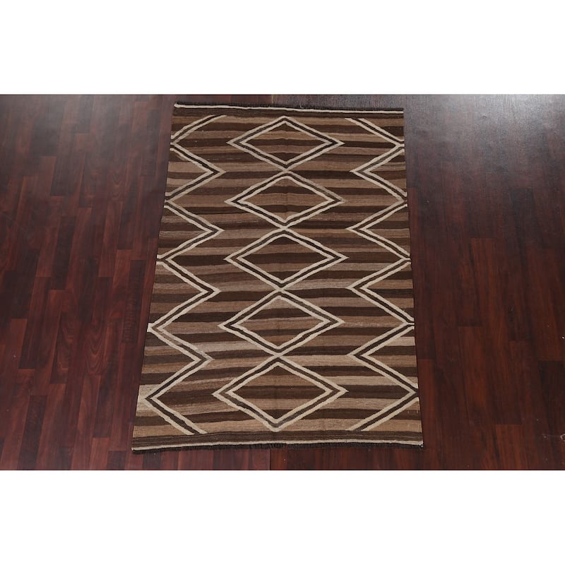 Natural Dye Geometric Kilim Oriental Area Rug Hand-woven Wool Carpet - 4'6" x 6'5"