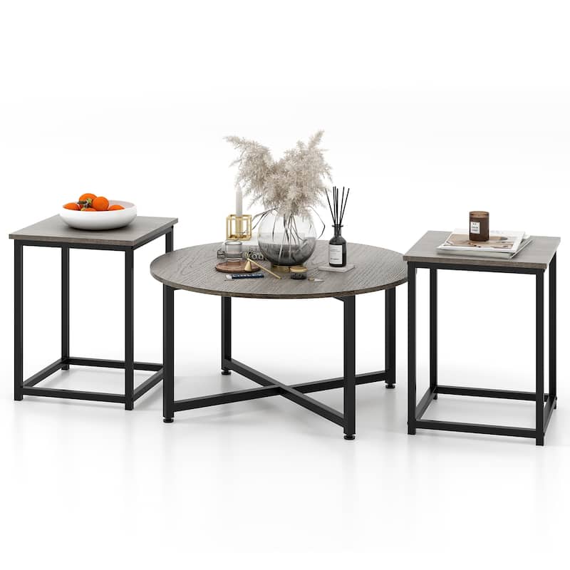 Gymax Round Nesting Table Set of 3 Coffee Table w/ 2 End Tables Sturdy - Grey - Wood
