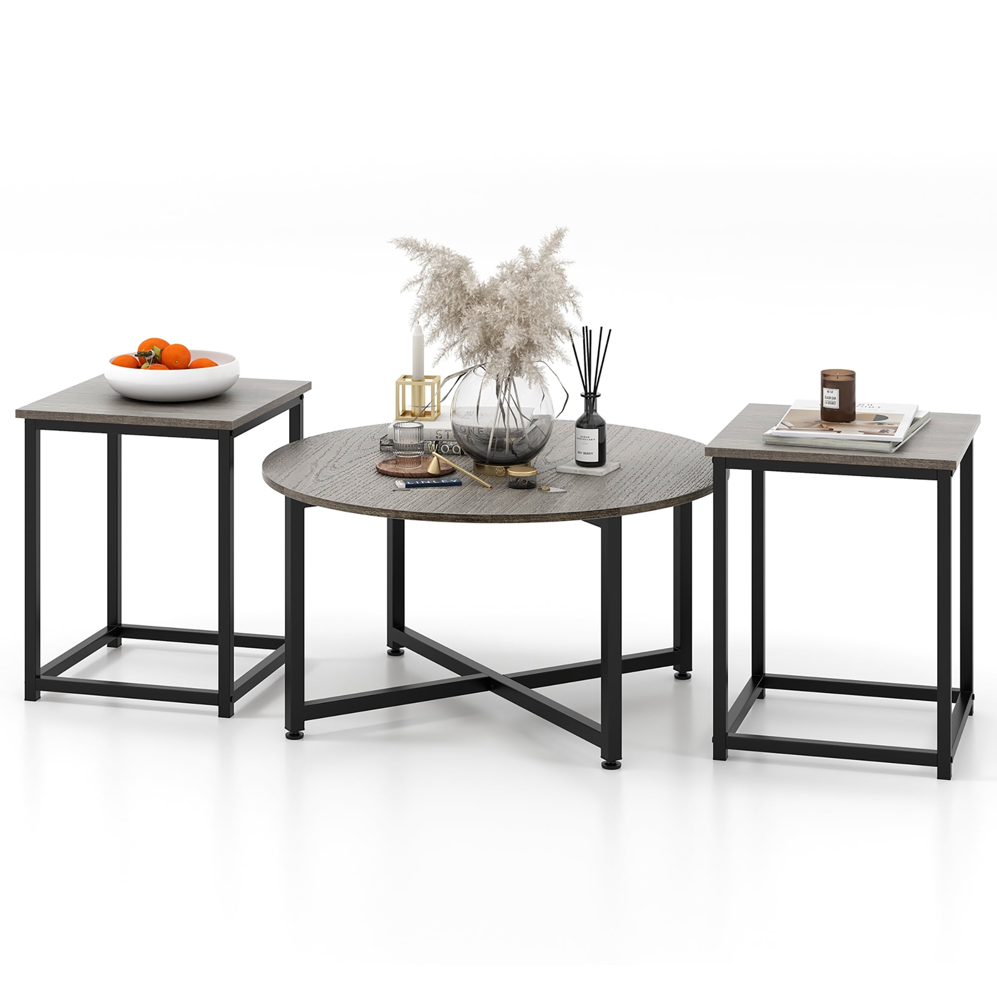 Gymax Round Nesting Table Set of 3 Coffee Table w/ 2 End Tables Sturdy