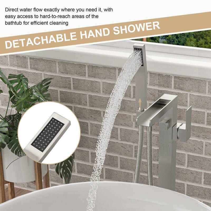 Freestanding Bathtub Faucet Waterfall Tub Filler Brushed Nickel Floor Mount Brass Bathroom Faucets with Hand Shower