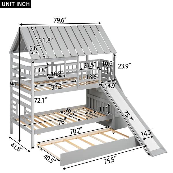 dimension image slide 1 of 2, House-shaped Roof Frame Bed Window Design House Bunk Bed Twin over Twin with Trundle Bed, Slide and Storage Staircase