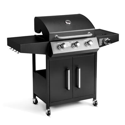 Propane Gas Grill with Side Burner with Enameled Cast Iron Grates, Shelf & Cabinet for Outdoor Barbecue Cooking