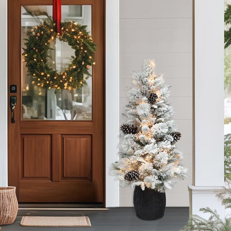 Puleo International 4.5 ft. Pre-lit Flocked Potted Tree - 4.5 Foot
