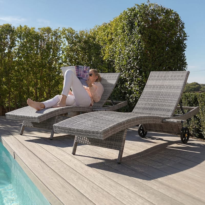 80"Patio Chaise Lounge Chairs Set of 2, Rattan Reclining Chair w/Rolling Wheels & Pull-out Side Table, Adjustable Backrest