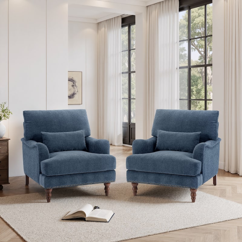 Set of 2 Mid Century Chenille Upholstered Accent Chairs - Navy