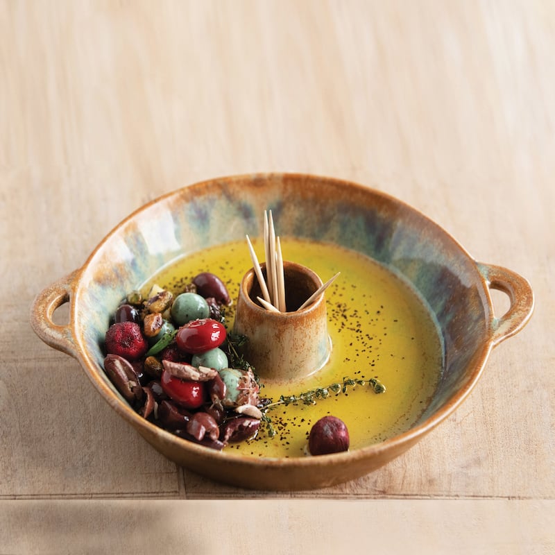 Stoneware Dish with Toothpick Holder, Reactive Glaze, Brown (Each One Will Vary)