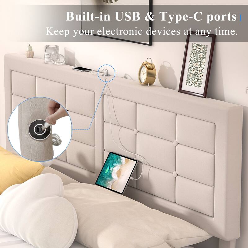 Javlergo Full Queen Size Bed Frame with USB Charging Station Adjustable Height Upholstered Headboard No Box Spring Needed
