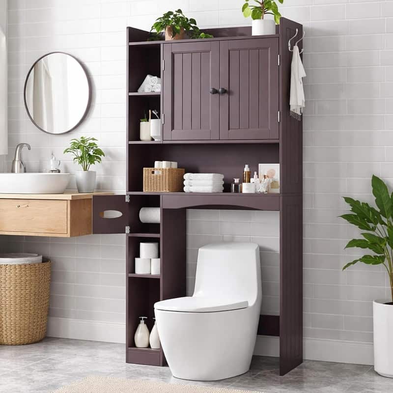 66''H Over The Toilet Storage Cabinet, Bathroom Storage Organizerwith 2 Doors, Paper Holder and Racks, Adjustable Shelf - Brown - Wood Finish
