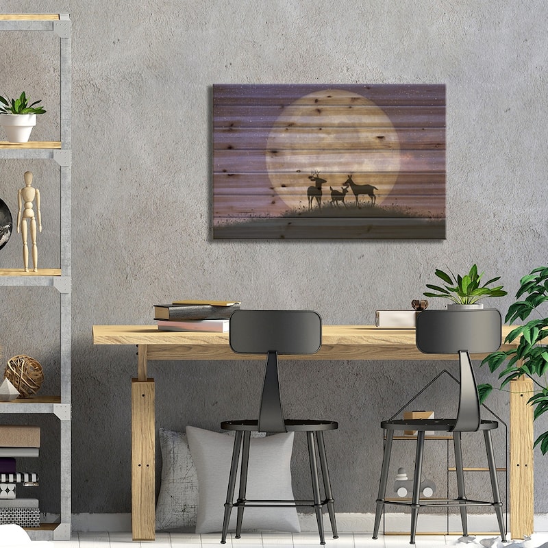 Deer Family At Night With Full Moon Print On Wood by Laura D Young - Multi-Color