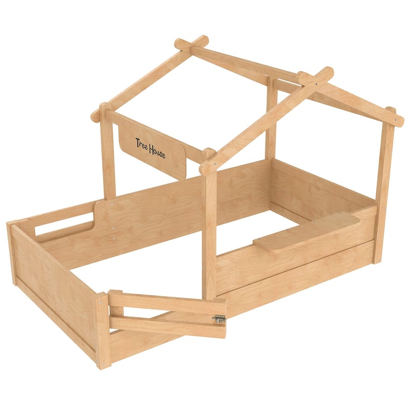 Kids House Floor Bed with Guardrails, Roof & Built-in Tray - Queen/Full/Twin Size, Childlike Design