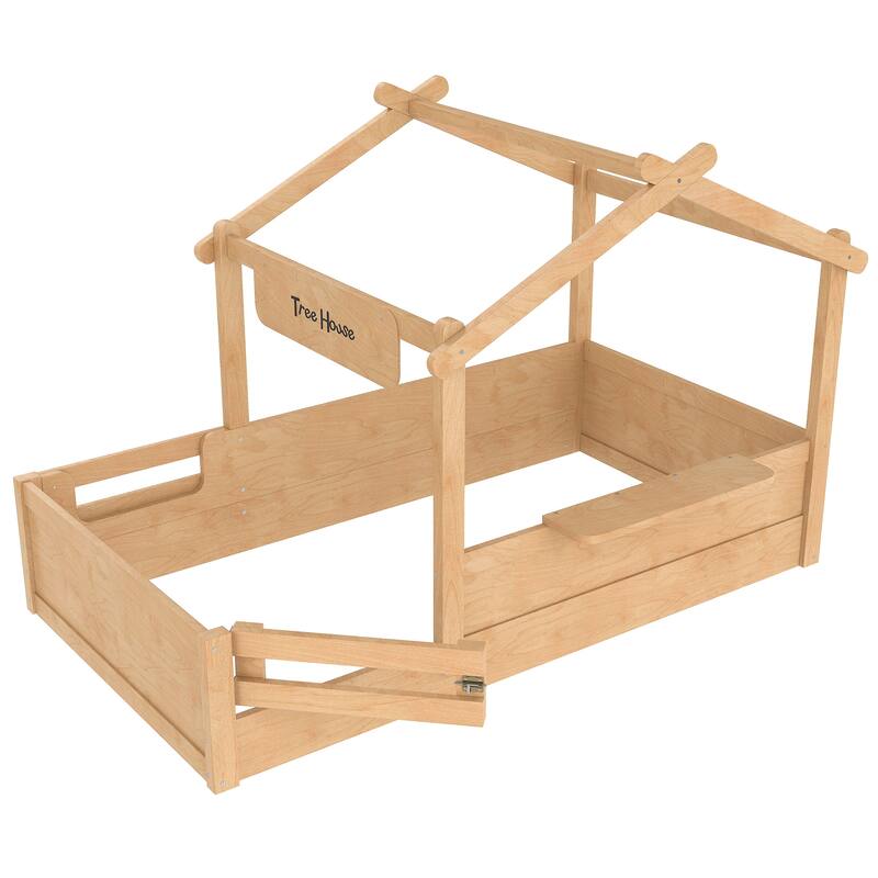 Twin Size Floor Bed with Guardrails and Roof, Kids House Floor Bed with a Small Built-in Tray and Free-installed Signboard