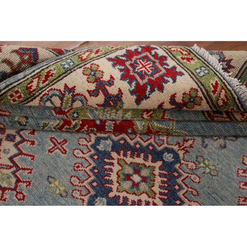 Light Blue Geometric Kazak Rug Handmade Oriental Wool Carpet - 5'0" x 6'11"