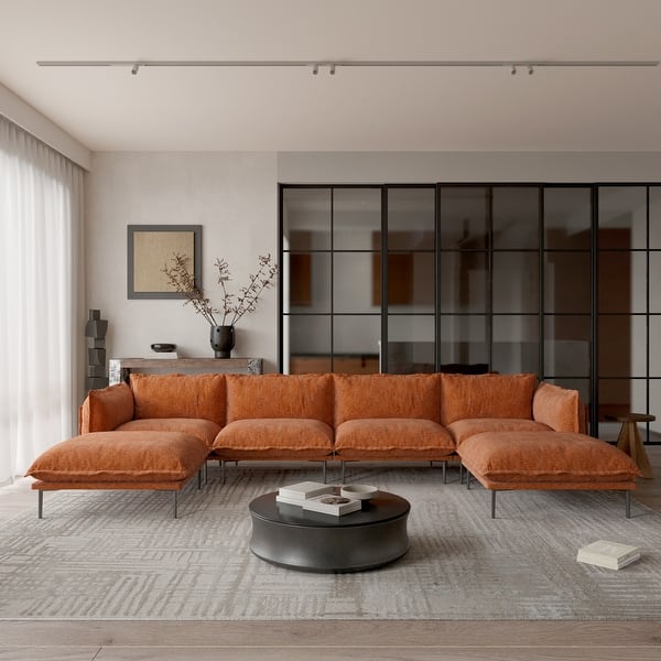 slide 2 of 29, Modern Minimalist Upholstered Couches, 147" 4-Seater Cloud Modular Sectional Sofa with 2 Ottoman,U Shaped Couch for Living Room 4 seats+2 ottoman(orange)