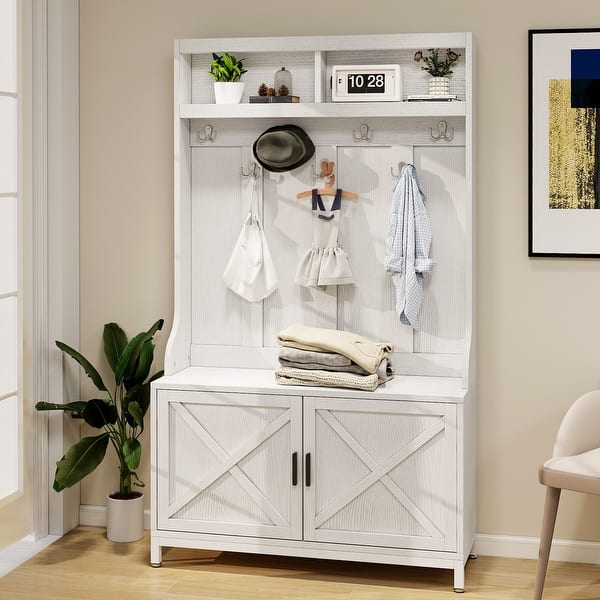 Moasis Entryway Coat Rack Shoe Bench Set, Farmhouse Hooks Hall