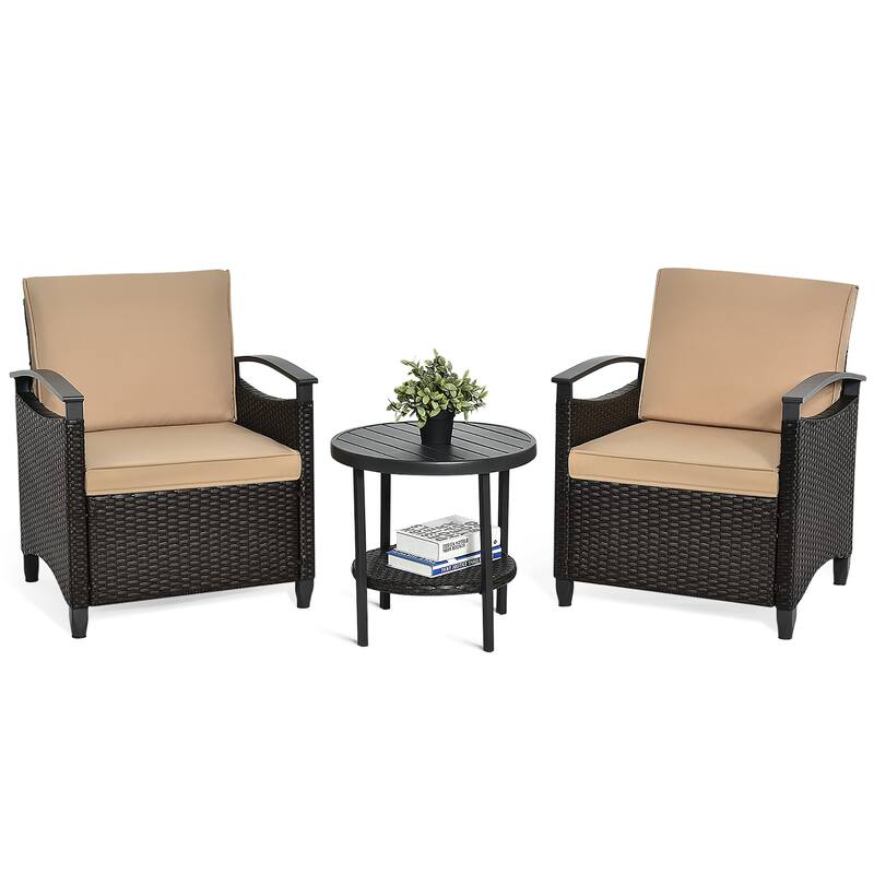 3 PCS Rattan Sofa Set Patio Conversation Set with Coffee Table - Brown