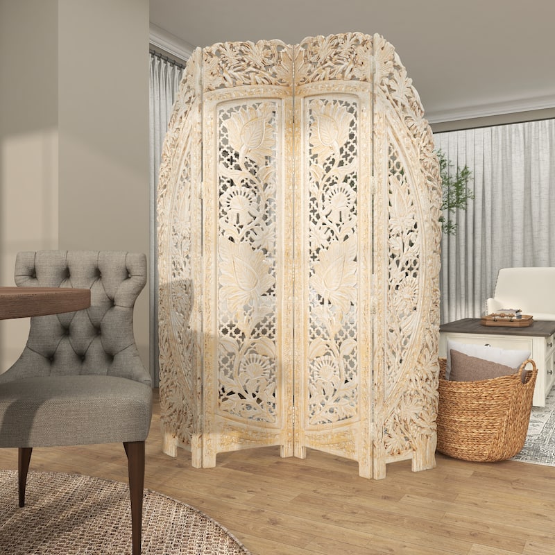 Wood Floral Handmade Foldable Arched 4 Panel Room Divider Screen with Intricately Carved Designs - White - Roche River Decor