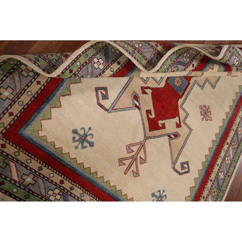Geometric Beige Kazak Oriental Rug Hand-Knotted Bedroom Wool Carpet - 5'0" x 6'6"