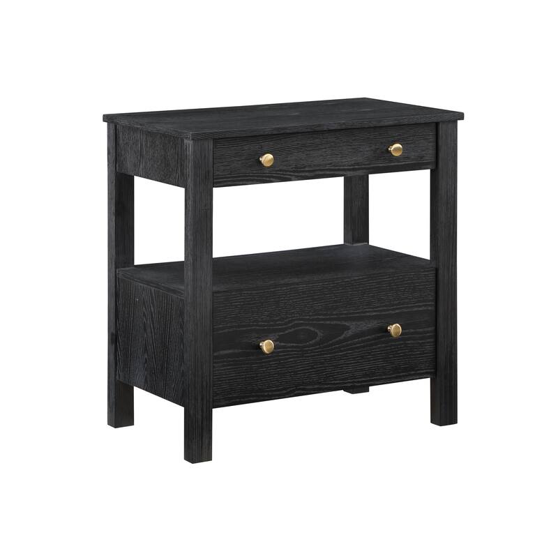 2- Drawer Nightstand with Gold Knobs and Open Shelf Modern Design