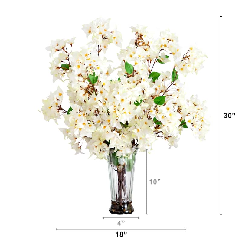 Bougainvillea Artificial Floral Arrangement with Glass Vase - 30" - White