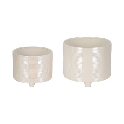 Sagebrook Home Porcelain Planters - Set of 2 Iridescent Ribbed Ivory Planters - 12" x 12" x 10"