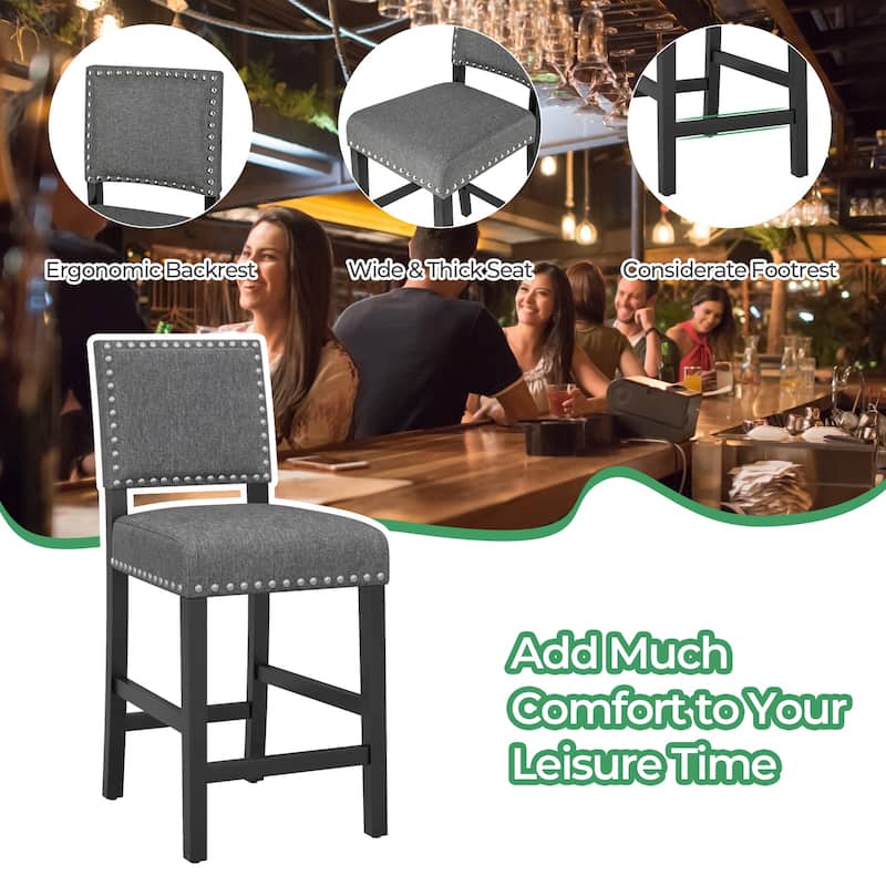 Set of 2 Counter Height Bar Stools with Footrest and Rubber Wood Frame Comfortable Seating