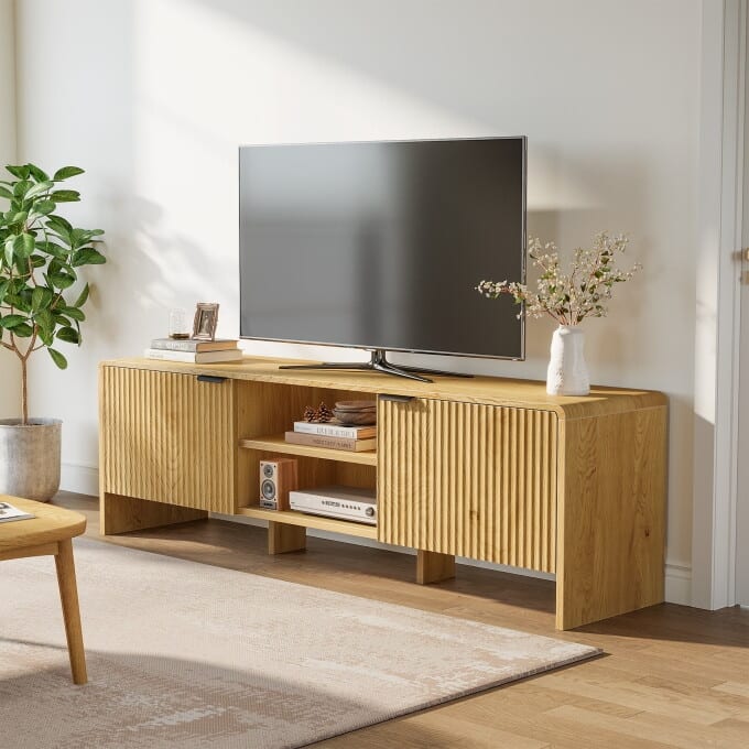 63" Modern TV Stand With Storage, Wooden Low Console Table