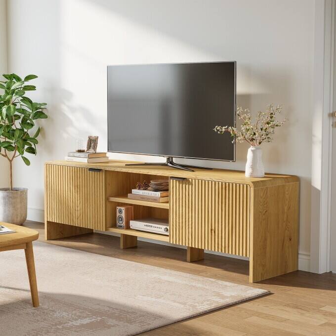 63-Inch Wooden TV Stand With Storage, Modern Low Console Table