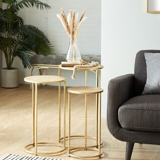 Gold Metal Nesting Accent Table with Textures Tops (Set of 3) - 16 x 16 x 28Round