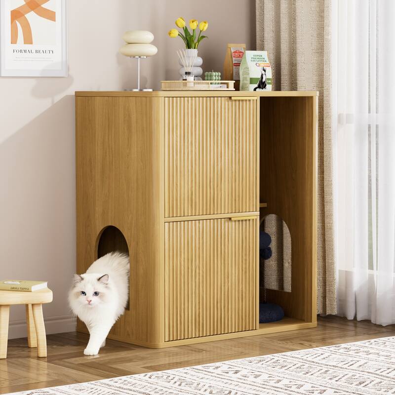 31.5" Walnut Cat Litter Cabinet with Cat Tree, Grooved Concealed Litter Furniture Featuring Dual Cat Doors and Storage Shelves