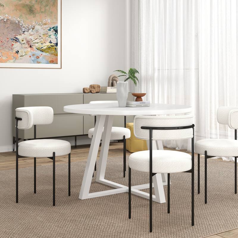 5-Piece Round Dining Set with White Trestle Table & White Upholstered Chairs, Breakfast Nook for Living Room - White