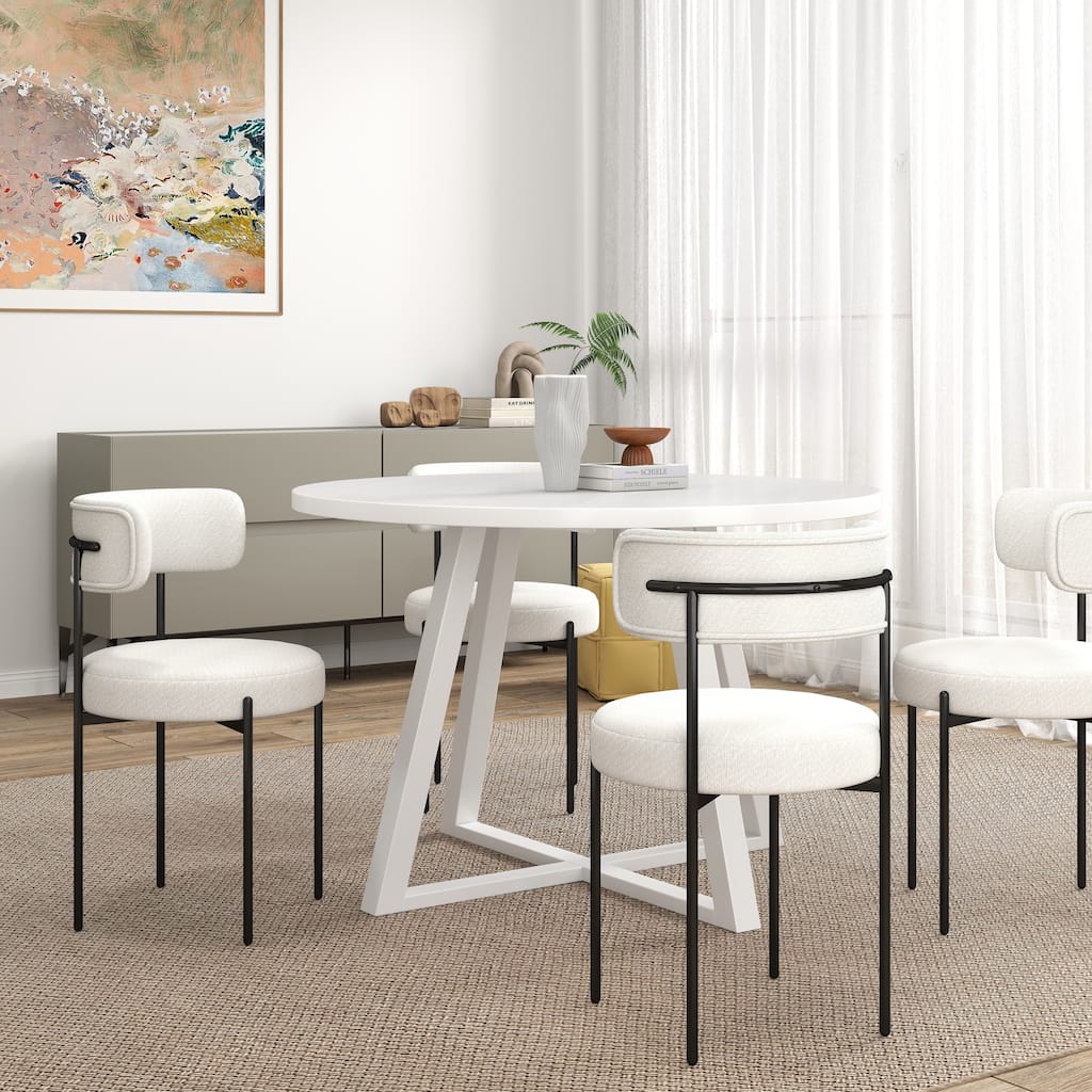 5-Piece Round Dining Set with White Trestle Table & White Upholstered Chairs, Breakfast Nook for Living Room