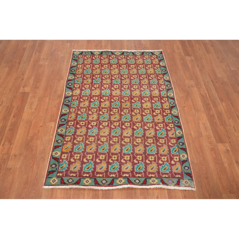 Hand Knotted Oriental 100% Wool Carpet Traditional All-Over Pink Tabriz Area Rug - 4' 5'' X 3' 0''