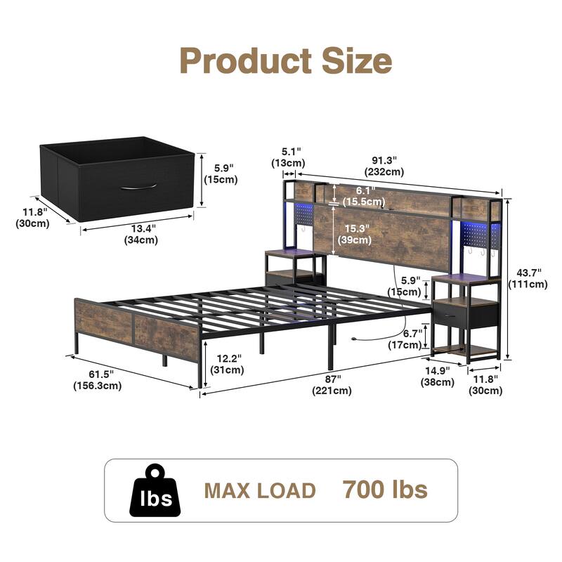 Anmytek Rustic Brown Queen/King Bed Frame with 2 Sliding Nightstands - Bookcase Storage Headboard
